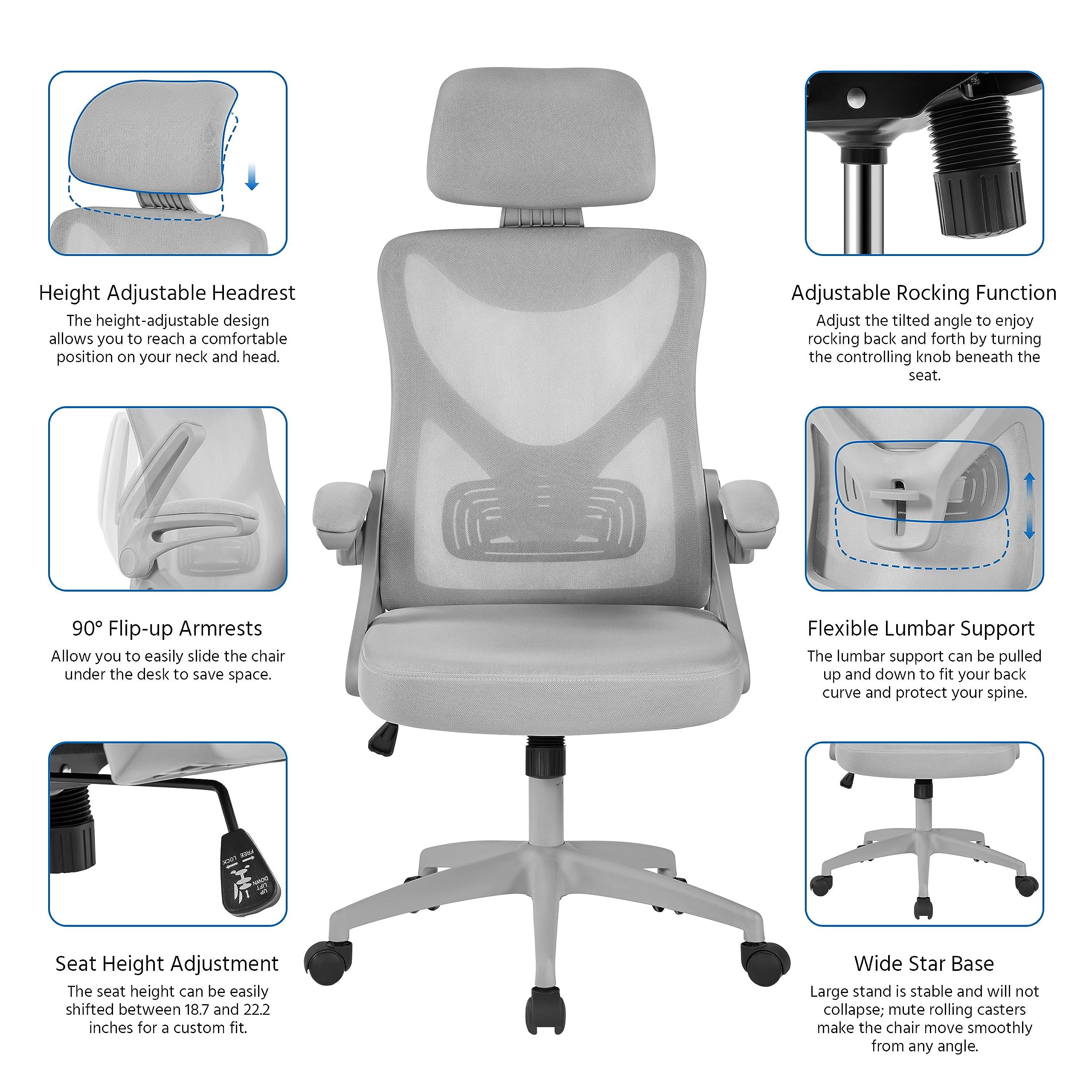 Yaheetech Ergonomic Mesh Office Chair, High Back Desk Chair with with flip-up Armrests, Adjustable Padded Headrest Computer Chair with Lumbar Support for Home Oiffce Game Room, Full Gray