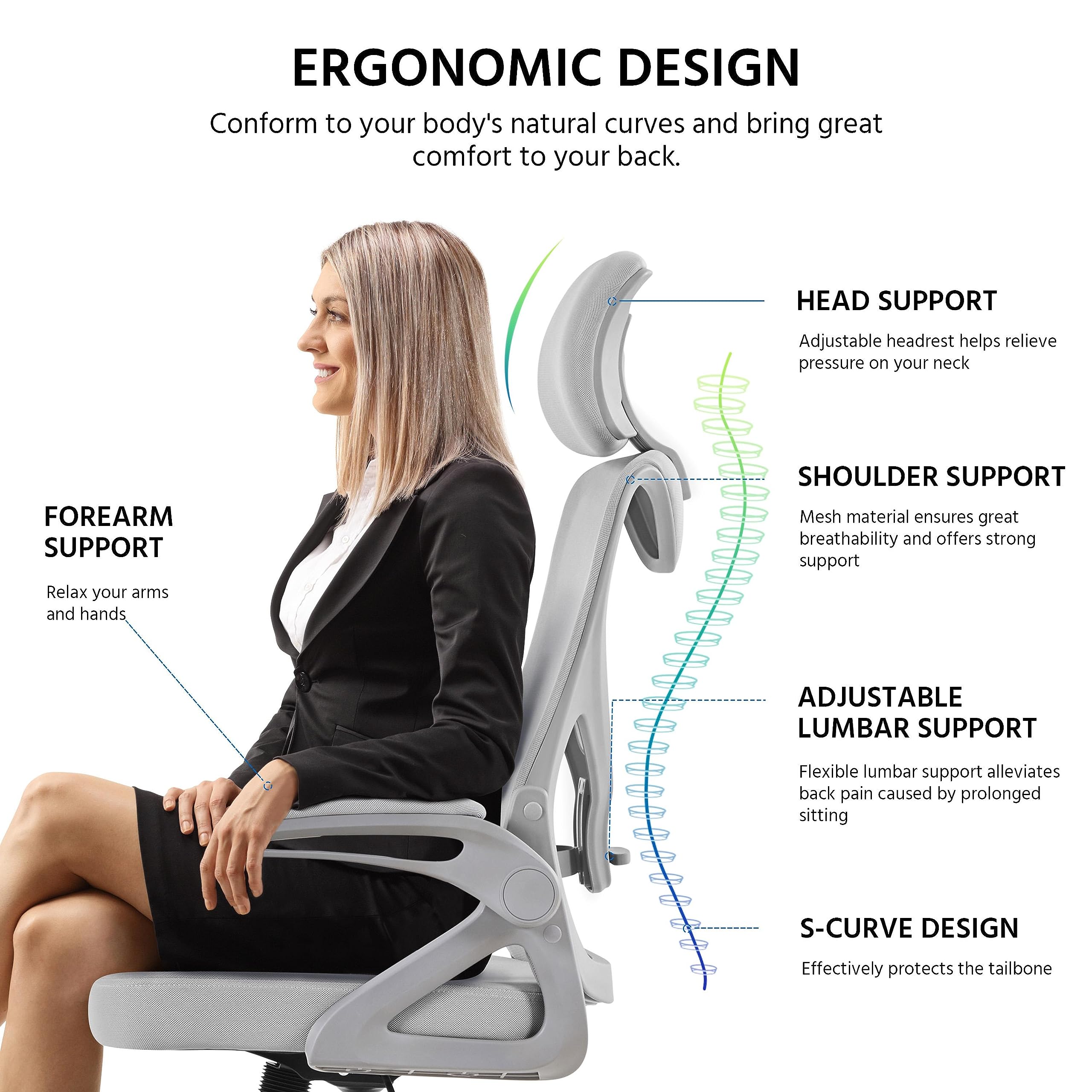 Yaheetech Ergonomic Mesh Office Chair, High Back Desk Chair with with flip-up Armrests, Adjustable Padded Headrest Computer Chair with Lumbar Support for Home Oiffce Game Room, Full Gray