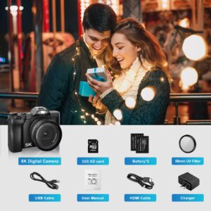 5K Digital Camera, WiFi Vlogging Camera with 32G SD Card, 48MP Autofocus Compact Camera 6-Axis Stabilization Travel Camera with UV Filter 16x Digital Zoom and 2 Batteries for Boys, Girls, Beginners