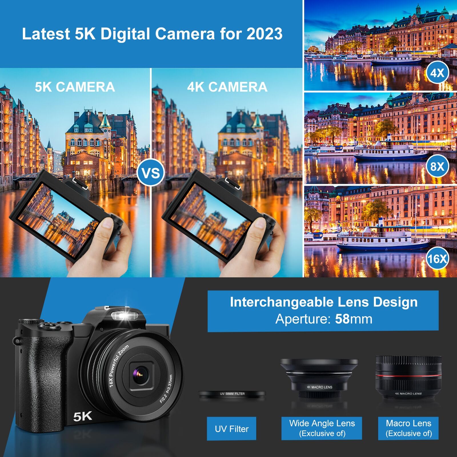 5K Digital Camera, WiFi Vlogging Camera with 32G SD Card, 48MP Autofocus Compact Camera 6-Axis Stabilization Travel Camera with UV Filter 16x Digital Zoom and 2 Batteries for Boys, Girls, Beginners