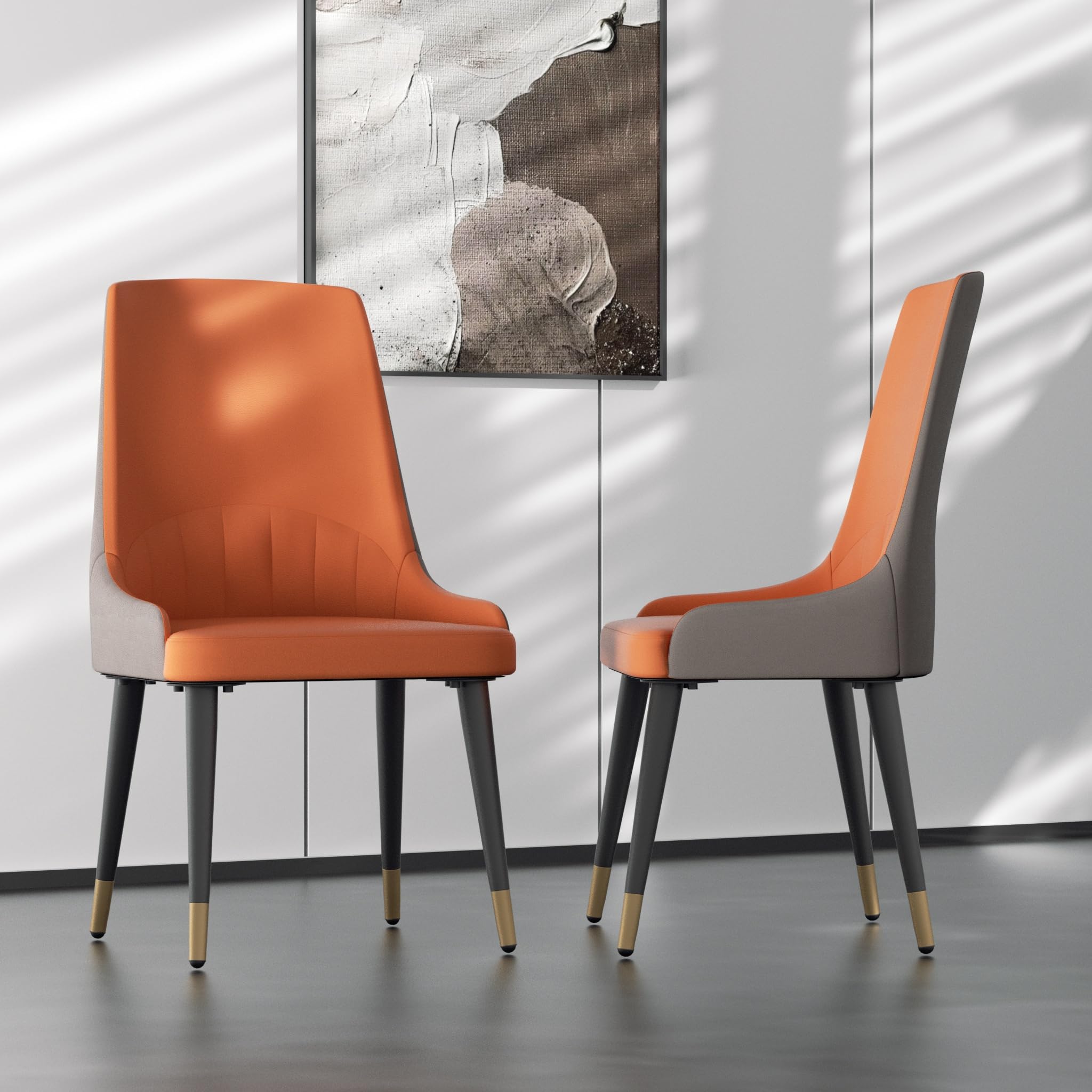 Dining Chairs Set of 2: Faux Leather Upholstered Modern Chair with Backrest - Armless Accent Chairs with Metal Legs for Kitchen Living Room Bedroom (Orange+Grey)