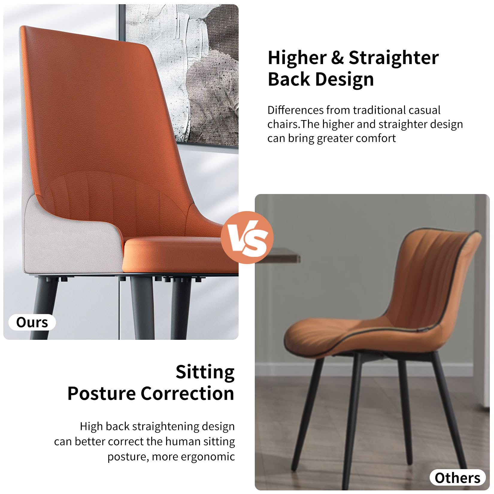 Dining Chairs Set of 2: Faux Leather Upholstered Modern Chair with Backrest - Armless Accent Chairs with Metal Legs for Kitchen Living Room Bedroom (Orange+Grey)