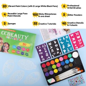 CCbeauty 180pcs Face Painting Kit for kids - 20 Water Based Kids Face Paint Non Toxic Sensitive Washable with 40+4 Reusable Stencils 6 Wood Brushes Glitter,Christmas Birthday Cosplay Costume Party