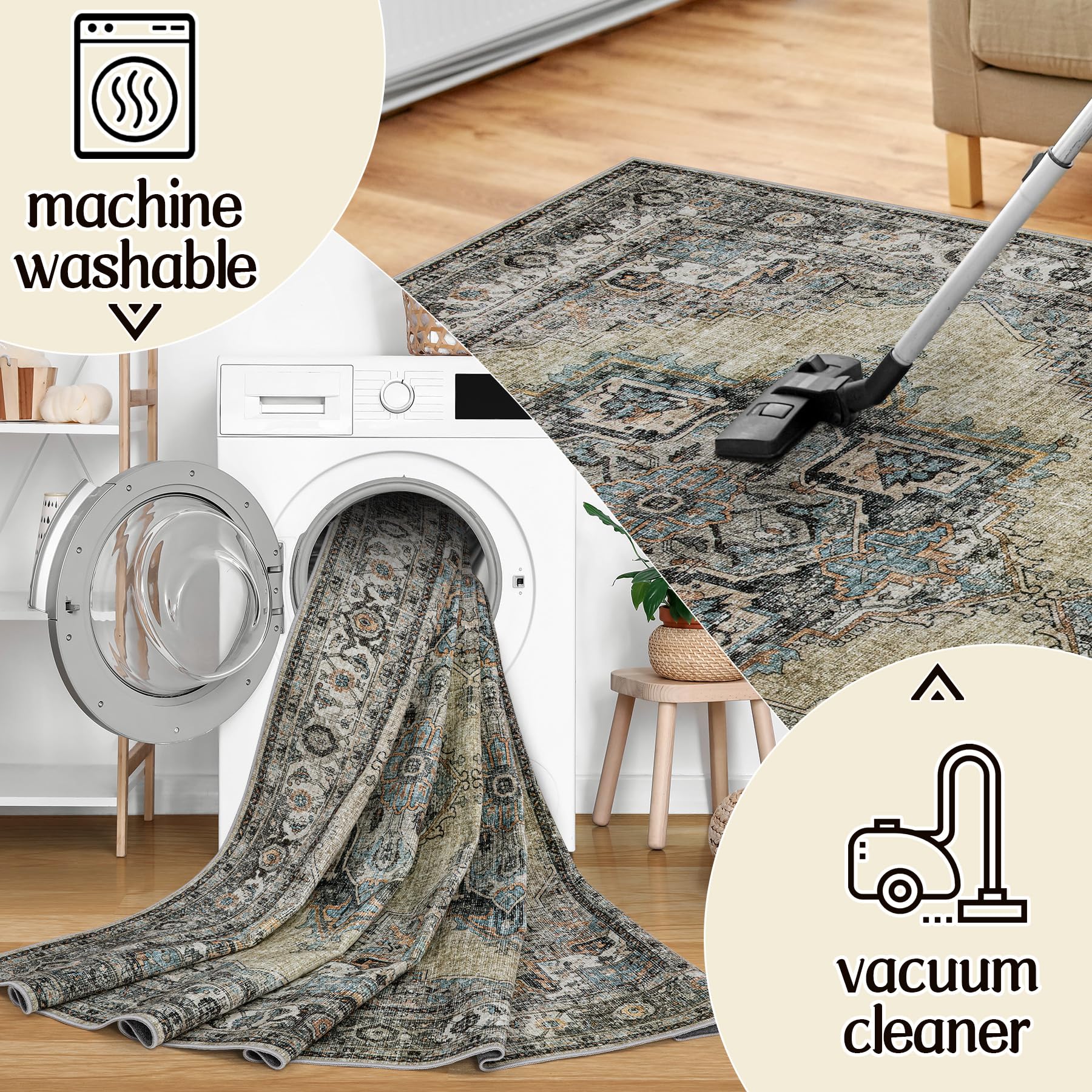 Area Rug Living Room Rugs, 8x10 Machine Washable Rug, Boho Large Rug with Non-Slip Rubber Backing, Non-Shedding Stain Resistant, Indoor Carpet for Bedroom Dining Room Nursery Home Office (Gray/Beige)