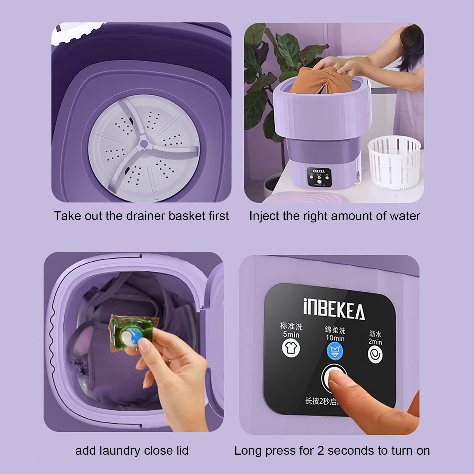 Foldable Mini Small Portable Washer Washing Machine Folding Washing Machine Bucket Washer for Clothes Laundry for Apartment Laundry Camping RV Travel Underwear Socks Clothes 9L Purple