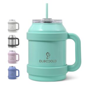 dloccold 50 oz mug tumbler with handle and straw lid, large insulated tumbler with straw, sweat-proof, stainless steel reusable big tumbler, double wall metal travel water jug (mint green)