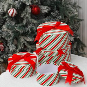 Qilery 8 Pcs Christmas Round Nesting Gift Boxes Candy Cane Gift Boxes Red and White Christmas Cookie Boxes with Lids 4 Assorted Size Stackable Cardboard Box with Red Ribbon for Gift Giving Wrapping