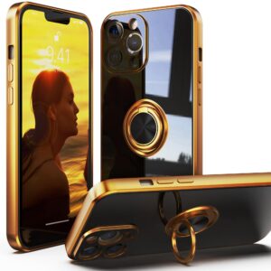 idweel for iphone 13 pro max case with 360°ring holder stand magnetic kickstand,lightweight slim fit plated rose gold edge soft tpu bumper camera protection non-slip cover,black