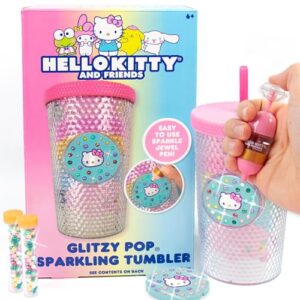 hello kitty and friends glitzy pop sparkling tumbler, 15oz hello kitty tumbler, cute hello kitty water bottle kids adults, hello kitty water bottle with straw, pink hello kitty water bottle for school