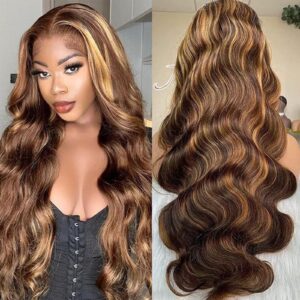 TXIXS 26 Inch Honey Blonde Lace Front Wig Human Hair 13x4 Ombre Lace Front Wig Human Hair Pre Plucked with Baby Hair 180% Highlight Glueless Lace Front Wigs Human Hair Body Wave Lace Frontal Wigs