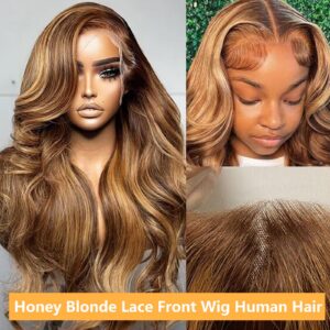 TXIXS 26 Inch Honey Blonde Lace Front Wig Human Hair 13x4 Ombre Lace Front Wig Human Hair Pre Plucked with Baby Hair 180% Highlight Glueless Lace Front Wigs Human Hair Body Wave Lace Frontal Wigs