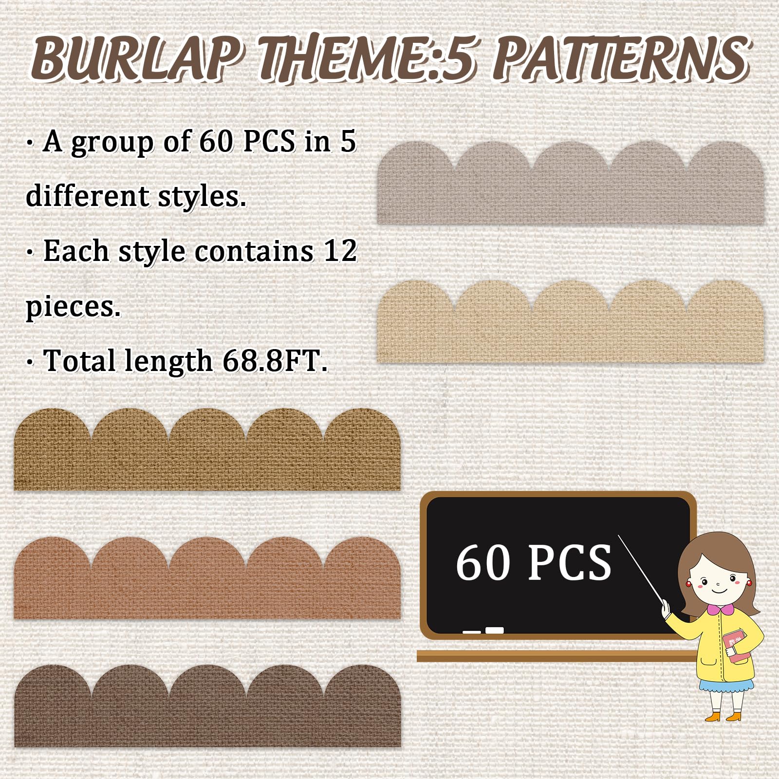 AnyDesign 69Ft Neutral Burlap Style Bulletin Board Borders Boho Color Paper Decor Borders Colorful Scalloped Trim Border Bulletin Board Stickers for School Classroom Office Chalkboard Whiteboard Decor