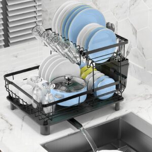 dmtxcrp dish drying rack, space saving & durable, rust-proof large 2 tier stainless steel dish racks for kitchen counter with cutlery & cup holder & drainboard