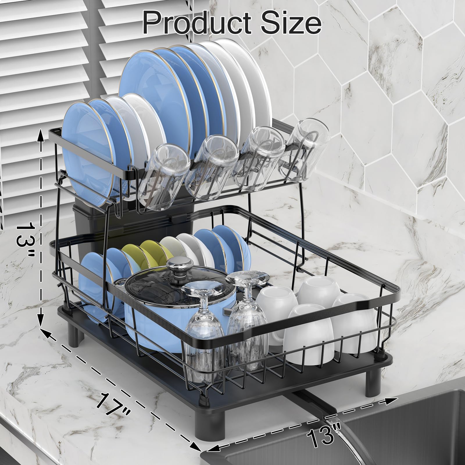 DMTXCRP Dish Drying Rack, Space Saving & Durable, Rust-Proof Large 2 Tier Stainless Steel Dish Racks for Kitchen Counter with Cutlery & Cup Holder & Drainboard