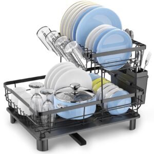 DMTXCRP Dish Drying Rack, Space Saving & Durable, Rust-Proof Large 2 Tier Stainless Steel Dish Racks for Kitchen Counter with Cutlery & Cup Holder & Drainboard