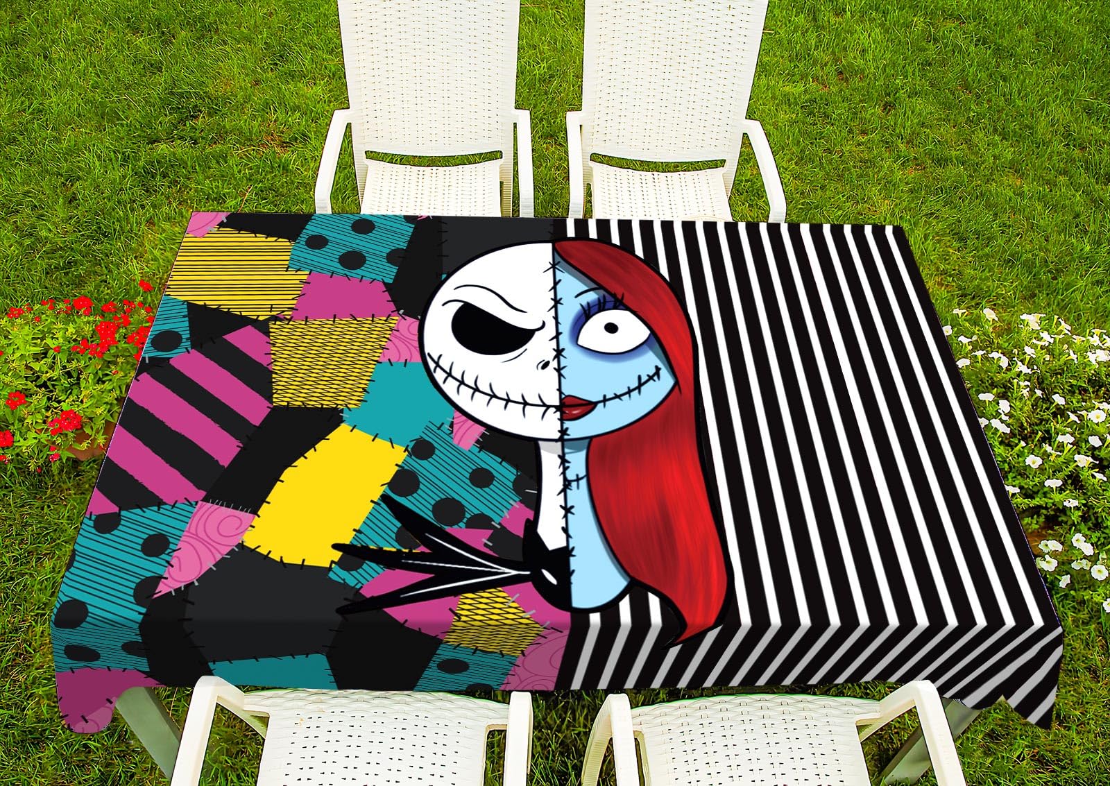 Heyfary The Nightmare Before Christmas Tablecloth Halloween Jack Skellington and Sally Birthday Party Decoration Home Kitchen Dining Room Rectangular Table Cloth Decor (60''×84'')