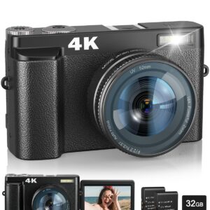 4K Digital Camera with Flash & Selfie, 48MP Camera for Photography with Autofocus 16X Zoom, Anti-Shake Vlogging Camera Compact Travel Digital Cameras with Flip Screen, 32GB Memory Card, Two Batteries