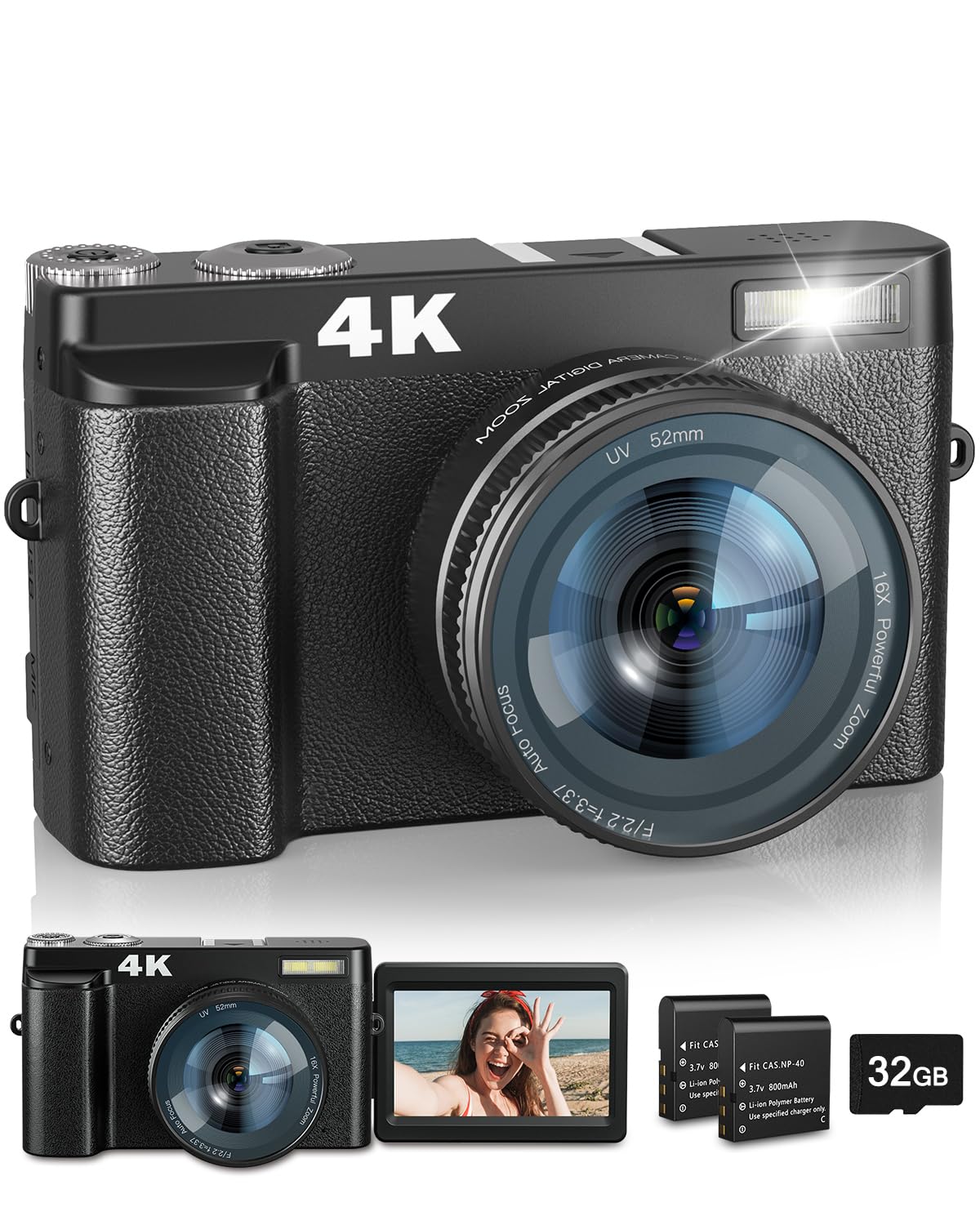 4K Digital Camera with Flash & Selfie, 48MP Camera for Photography with Autofocus 16X Zoom, Anti-Shake Vlogging Camera Compact Travel Digital Cameras with Flip Screen, 32GB Memory Card, Two Batteries