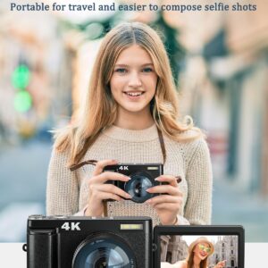 4K Digital Camera with Flash & Selfie, 48MP Camera for Photography with Autofocus 16X Zoom, Anti-Shake Vlogging Camera Compact Travel Digital Cameras with Flip Screen, 32GB Memory Card, Two Batteries