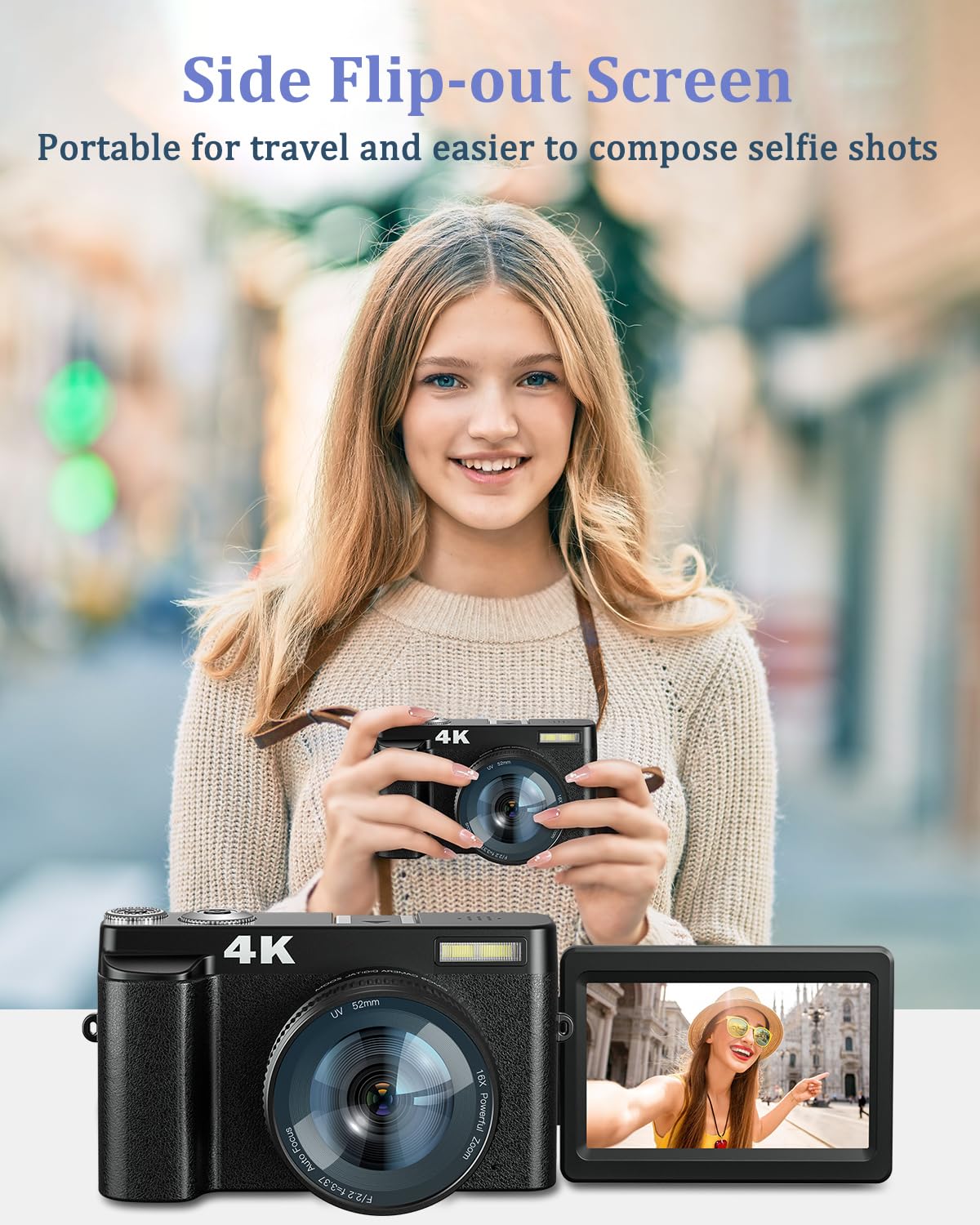 4K Digital Camera with Flash & Selfie, 48MP Camera for Photography with Autofocus 16X Zoom, Anti-Shake Vlogging Camera Compact Travel Digital Cameras with Flip Screen, 32GB Memory Card, Two Batteries