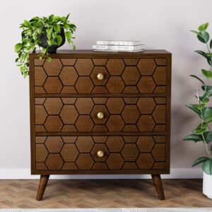 hompus modern end table w honeycomb pattern, nightstand w 3 storage drawers, night stand w walnut wood grain finish, small chest of drawers, cabinet w 3 drawers for bedroom, living room, brown
