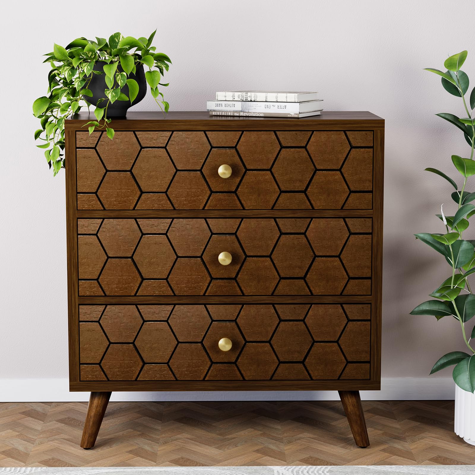 HOMPUS Modern End Table w Honeycomb Pattern, Nightstand w 3 Storage Drawers, Night stand w Walnut Wood Grain Finish, Small Chest of Drawers, Cabinet w 3 Drawers for Bedroom, Living Room, Brown