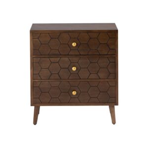 HOMPUS Modern End Table w Honeycomb Pattern, Nightstand w 3 Storage Drawers, Night stand w Walnut Wood Grain Finish, Small Chest of Drawers, Cabinet w 3 Drawers for Bedroom, Living Room, Brown