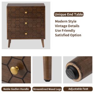 HOMPUS Modern End Table w Honeycomb Pattern, Nightstand w 3 Storage Drawers, Night stand w Walnut Wood Grain Finish, Small Chest of Drawers, Cabinet w 3 Drawers for Bedroom, Living Room, Brown