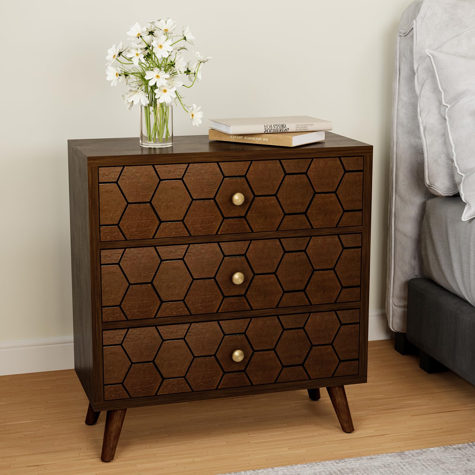 HOMPUS Modern End Table w Honeycomb Pattern, Nightstand w 3 Storage Drawers, Night stand w Walnut Wood Grain Finish, Small Chest of Drawers, Cabinet w 3 Drawers for Bedroom, Living Room, Brown