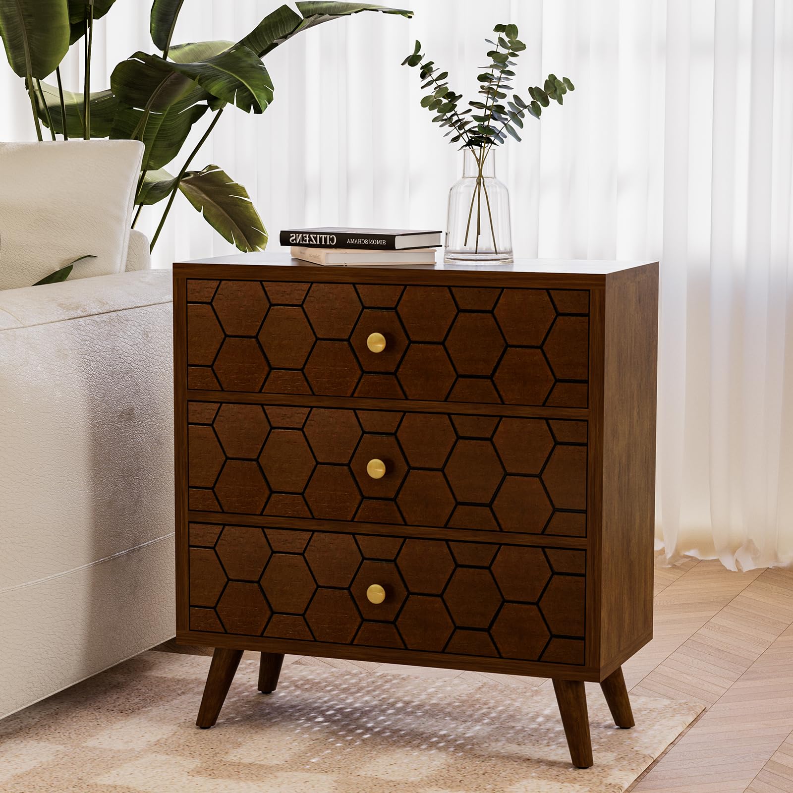 HOMPUS Modern End Table w Honeycomb Pattern, Nightstand w 3 Storage Drawers, Night stand w Walnut Wood Grain Finish, Small Chest of Drawers, Cabinet w 3 Drawers for Bedroom, Living Room, Brown