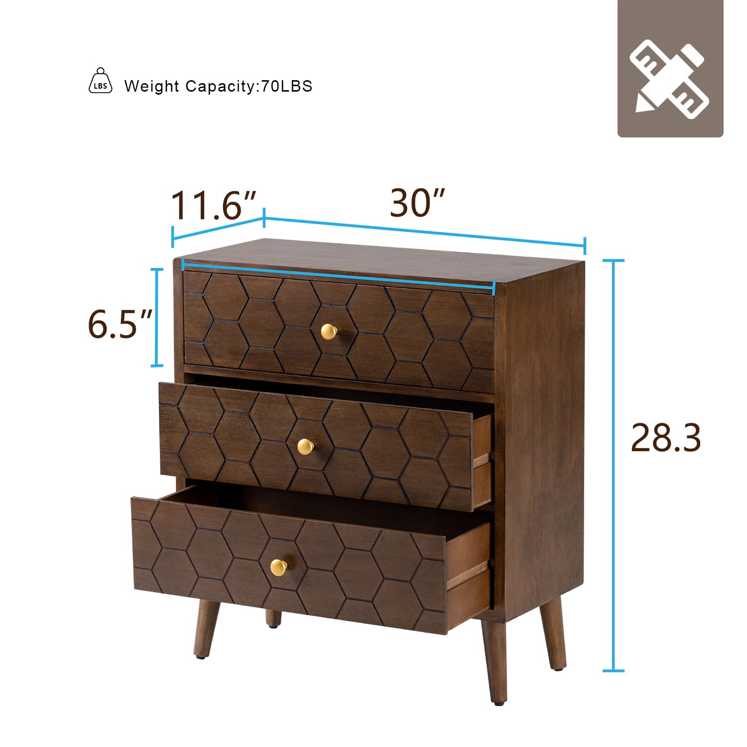 HOMPUS Modern End Table w Honeycomb Pattern, Nightstand w 3 Storage Drawers, Night stand w Walnut Wood Grain Finish, Small Chest of Drawers, Cabinet w 3 Drawers for Bedroom, Living Room, Brown