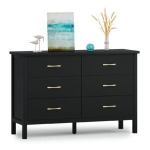 jozzby dresser for bedroom with 6 drawers, modern black dresser with golden handles, wood storage organizer chest of drawers for nursery, hallway