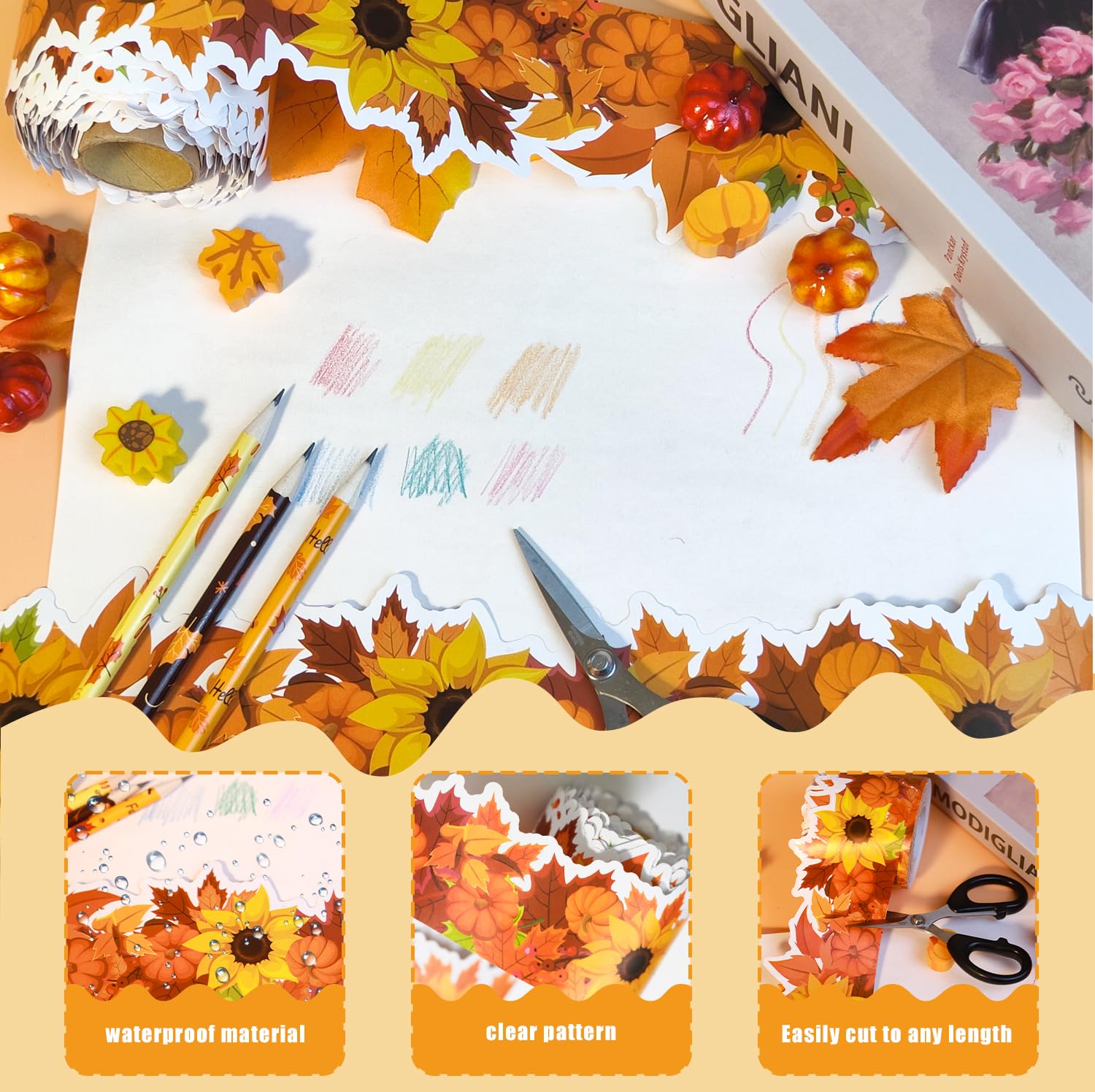 66ft Fall Bulletin Board Borders Sunflower Maple Leaves Pumpkins Theme Border Trim for School Classroom Blackboard Office Chalkboard Autumn Themed Party Thanksgiving Decoration Wall Decor