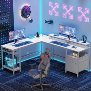 Furologee White 66” L Shaped Desk with Power Outlet, Reversible Computer Desk with File Drawer & 2 Monitor Stands, Home Office Desk with Storage Shelves, Corner Desk for Gaming Writing