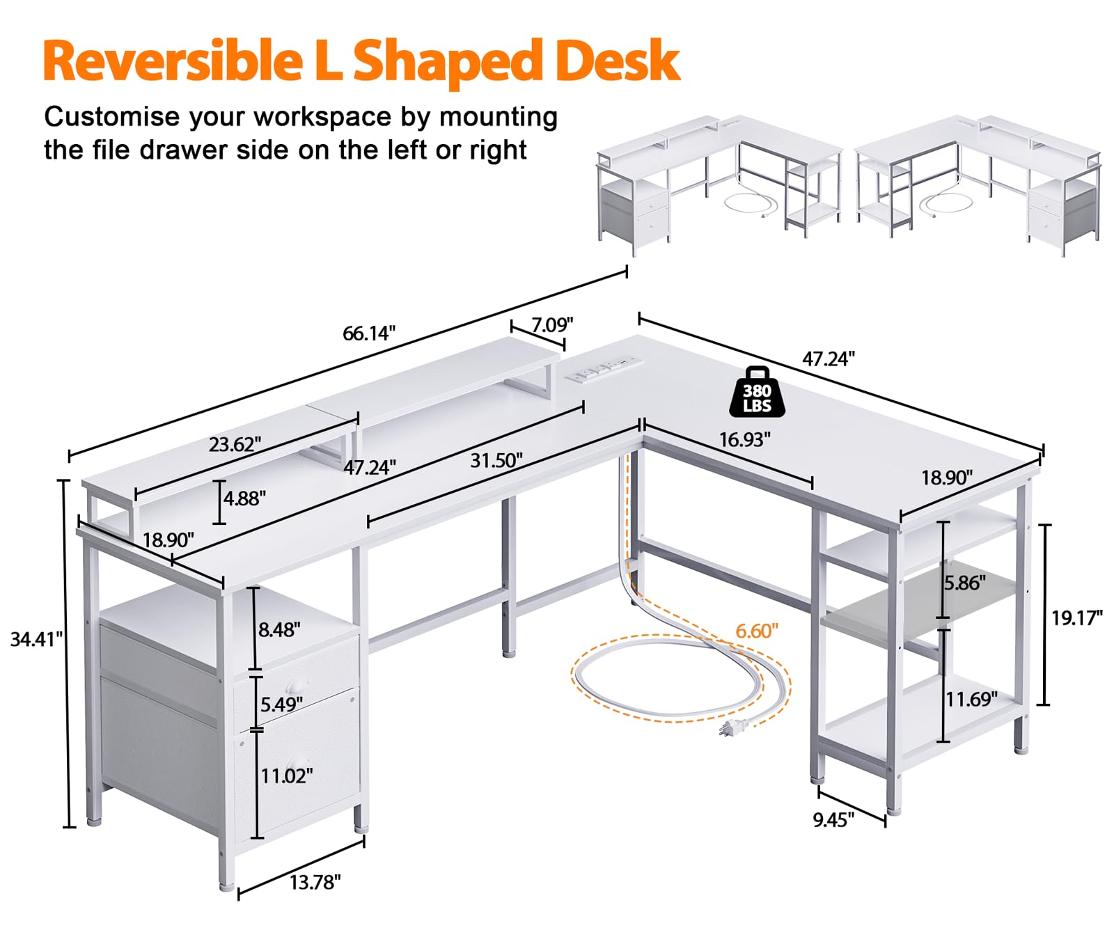 Furologee White 66” L Shaped Desk with Power Outlet, Reversible Computer Desk with File Drawer & 2 Monitor Stands, Home Office Desk with Storage Shelves, Corner Desk for Gaming Writing