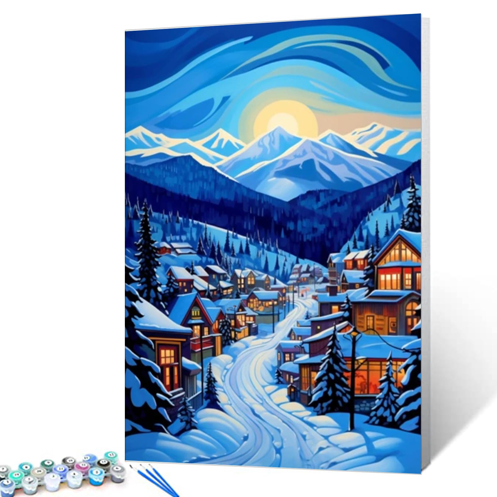 Dramatic Village Paint by Numbers Kits Winter Night Landscape in Countryside with House Acrylic Oil Painting for Adults Kids Full Moon Pictures Art Craft Farmhouse Decor Nordics Gift(Frameless)