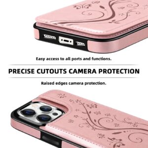 iMangoo for iPhone 15 Pro Max Case Wallet Credit Card Holder Slot,iPhone 15 Pro Max Case Women Cute Flower Pattern PU Leather Magnet Clasp Flip Cash Sleeve Phone Cover for iPhone 15 Pro Max Rose Gold