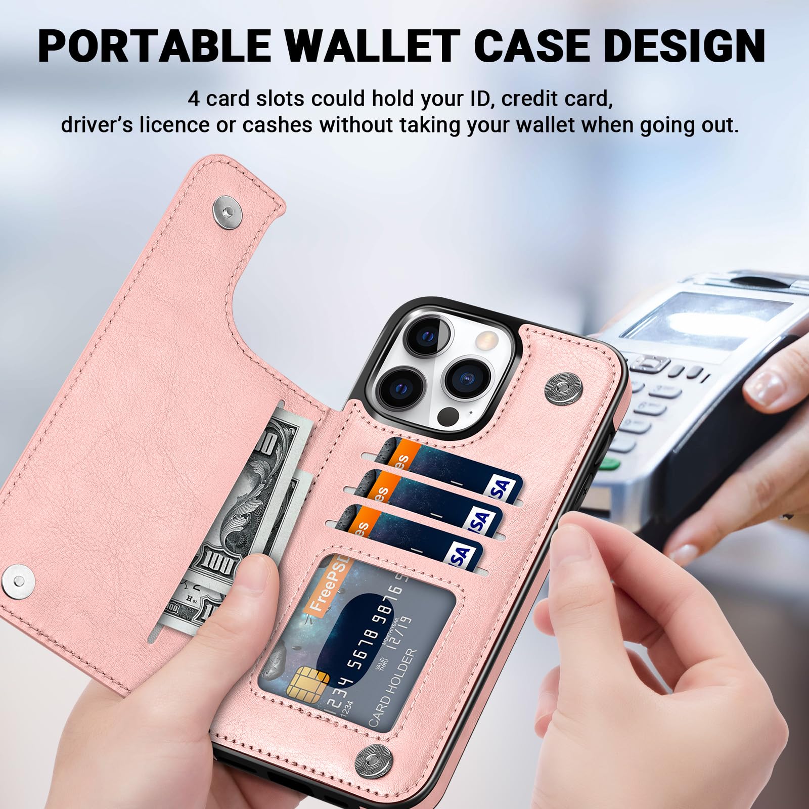 iMangoo for iPhone 15 Pro Max Case Wallet Credit Card Holder Slot,iPhone 15 Pro Max Case Women Cute Flower Pattern PU Leather Magnet Clasp Flip Cash Sleeve Phone Cover for iPhone 15 Pro Max Rose Gold