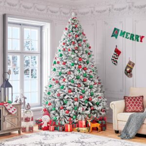 Yaheetech 9ft Premium Snow Flocked Hinged Artificial Christmas Fake Spruce Full Tree for Home Office Party Decoration with 2108 Branch/PVC Tips/Foldable Stand