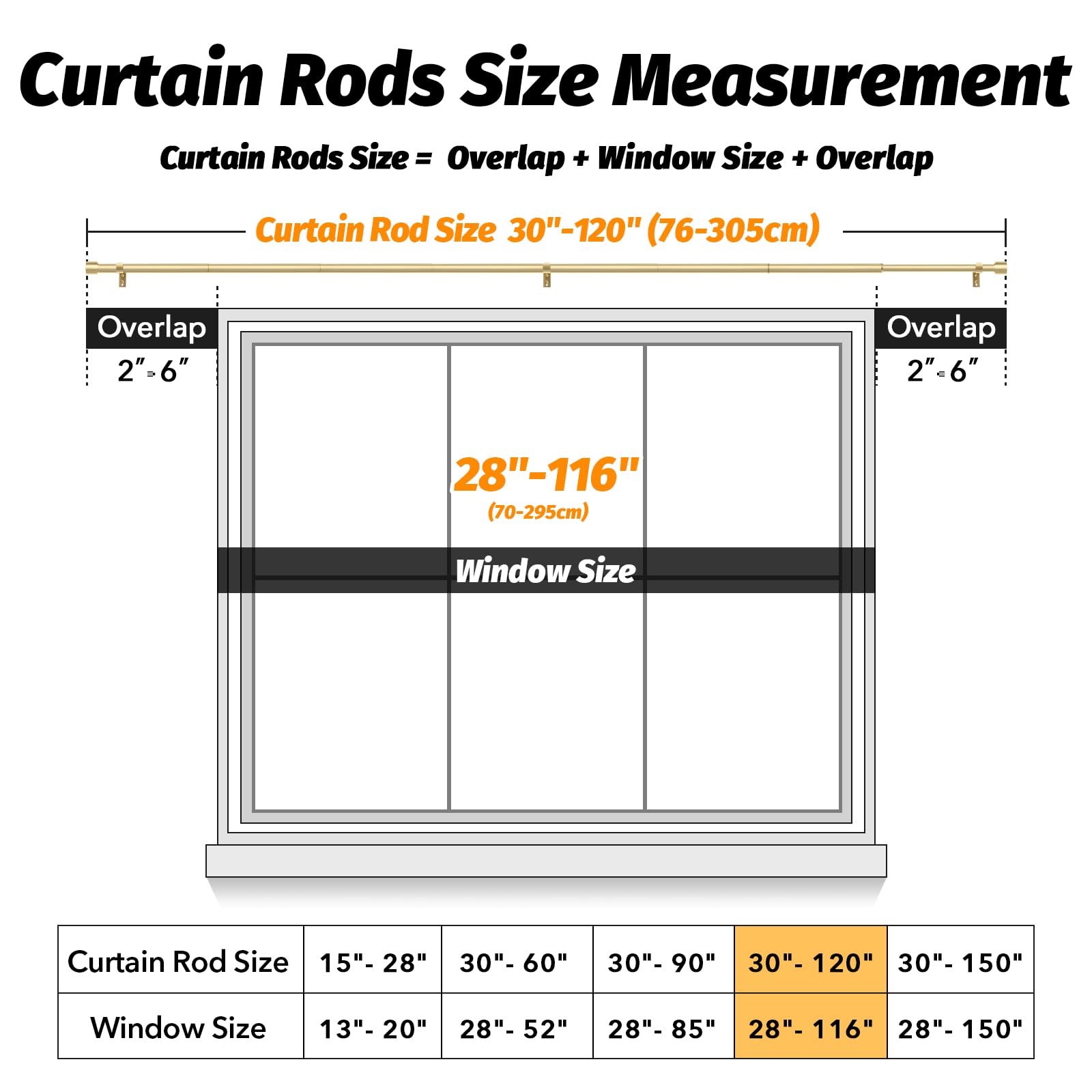 GEEBOBO Gold Curtain Rods for Windows 66 to 120 Inch, 1 Inch Adjustable Heavy Duty Easy Install Curtain Rods Set for Outdoor, Patio, Farmhouse, Bedroom, Living Room (Gold, 30"-120")