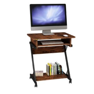 newsendy computer desk with keyboard tray, 23.6 inch rolling small desk with wheels, computer cart with storage, mobile desk z shaped for pc, home office, brown