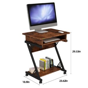 NEWSENDY Computer Desk with Keyboard Tray, 23.6 inch Rolling Small Desk with Wheels, Computer Cart with Storage, Mobile Desk Z Shaped for PC, Home Office, Brown