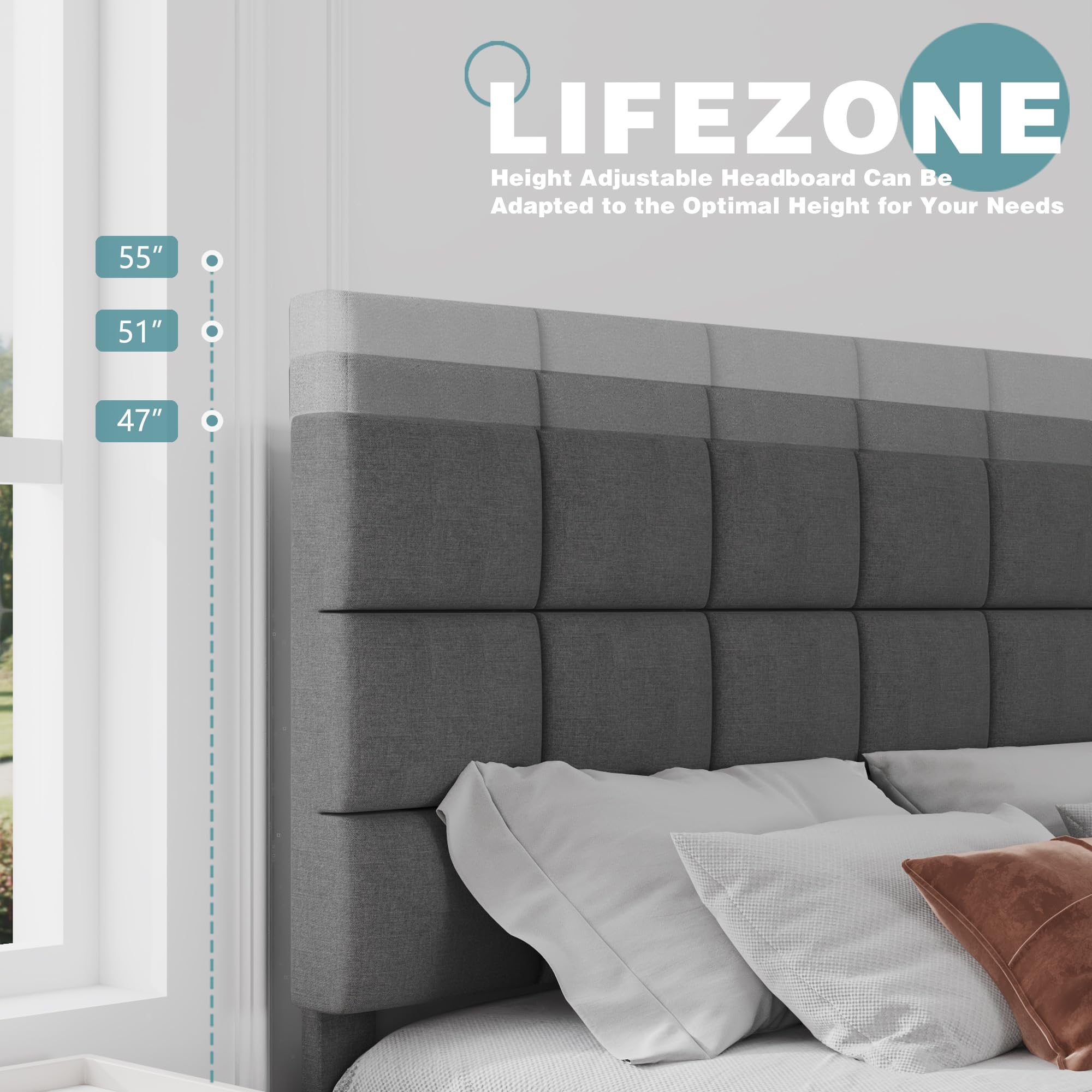 Lifezone Queen Bed Frame with Headboard Upholstered Bed Frame with Linen Tufted Headboard,Wood Slats Support,No Boxing Needed,Heavy Duty Feet,Easy Assembly,Light Grey