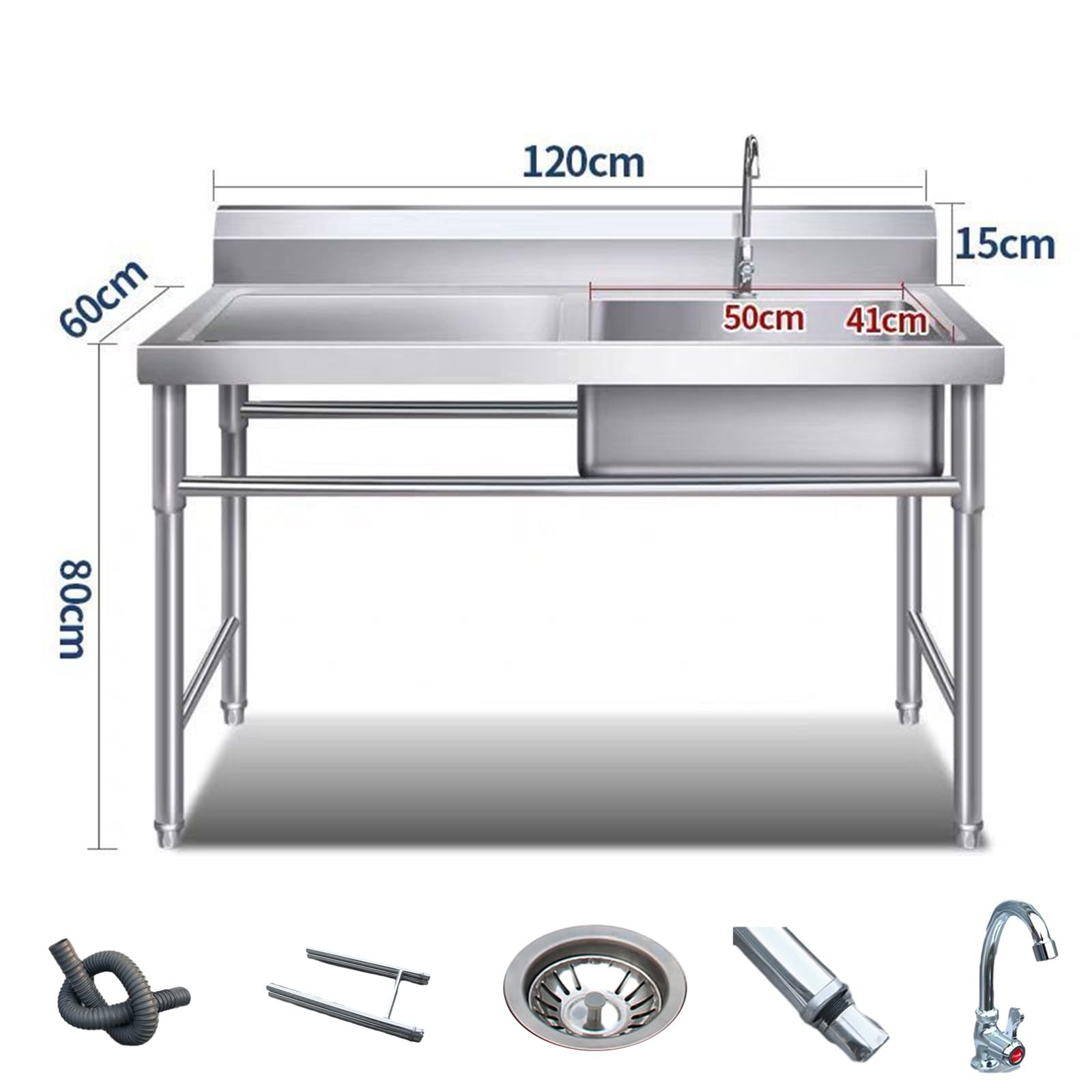 Stainless Steel Utility Sink, Freestanding Commercial Restaurant Kitchen Sink, Large Single Bowl Sink, Home Sink w/Worktable Multifunctional Shelf for Indoor Outdoor, Shop ( Color : Left platform , Si