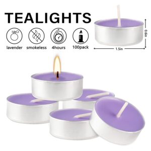 100 Pack Tea Lights Scented Candles Set, Lavender Mini Votive Candles Bulk, for Anniversaries Weddings Meditation, 4 Hour Burn Time（Purple）…