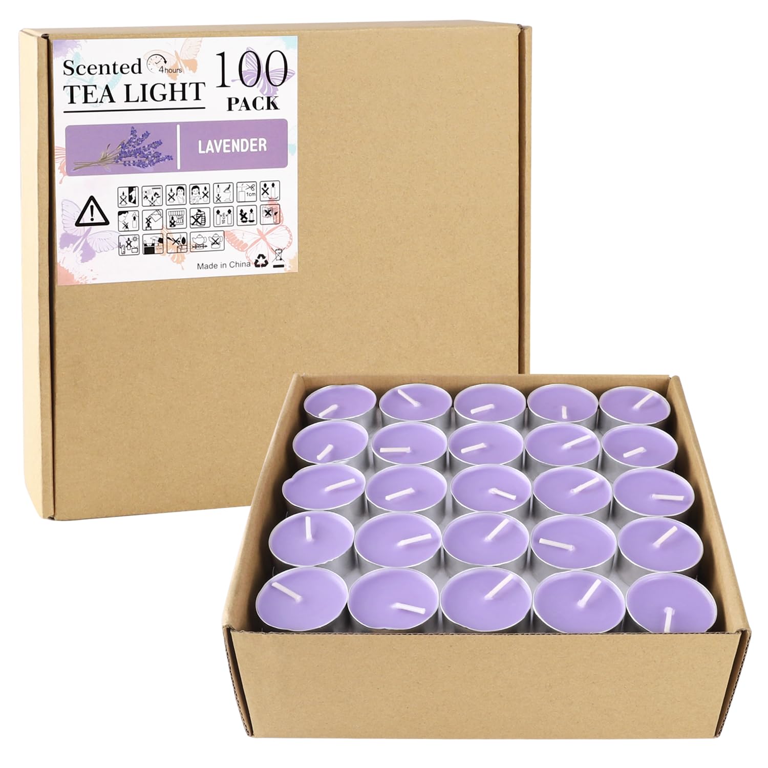 100 Pack Tea Lights Scented Candles Set, Lavender Mini Votive Candles Bulk, for Anniversaries Weddings Meditation, 4 Hour Burn Time（Purple）…