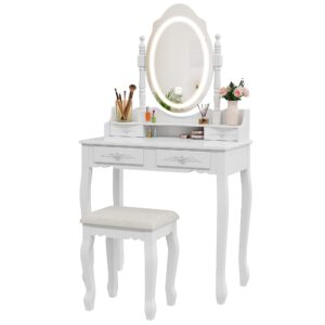 Vanity Desk with Mirror and Lights, Modern Vanity Makeup Table and Cushioned Stool Set with 4 Drawers, 3 Color Lighting Modes with Adjustable Brightness, Dressing Table Set for Bedroom (White)