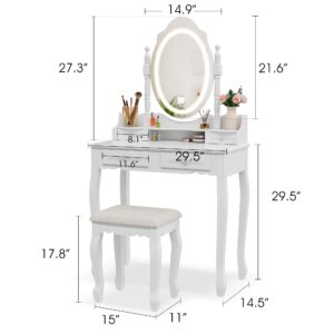 Vanity Desk with Mirror and Lights, Modern Vanity Makeup Table and Cushioned Stool Set with 4 Drawers, 3 Color Lighting Modes with Adjustable Brightness, Dressing Table Set for Bedroom (White)