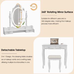 Vanity Desk with Mirror and Lights, Modern Vanity Makeup Table and Cushioned Stool Set with 4 Drawers, 3 Color Lighting Modes with Adjustable Brightness, Dressing Table Set for Bedroom (White)