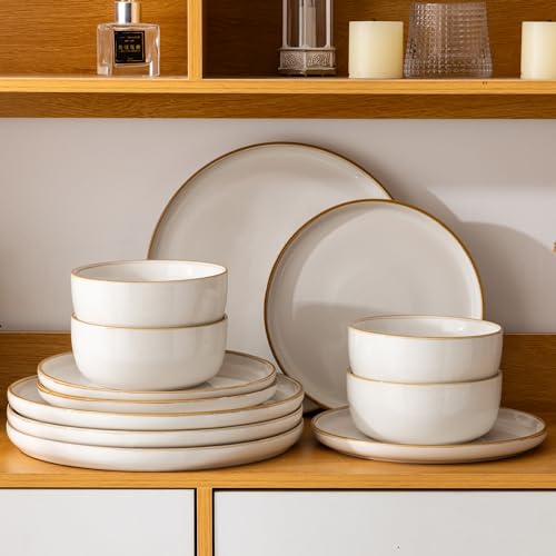 GBHOME Ceramic Dinnerware Sets for 4, 12 Pieces Stoneware Plates and Bowls Sets, Chip and Scratch Resistant Dishes, Dishwasher & Microwave Safe, Reactive Glaze-White